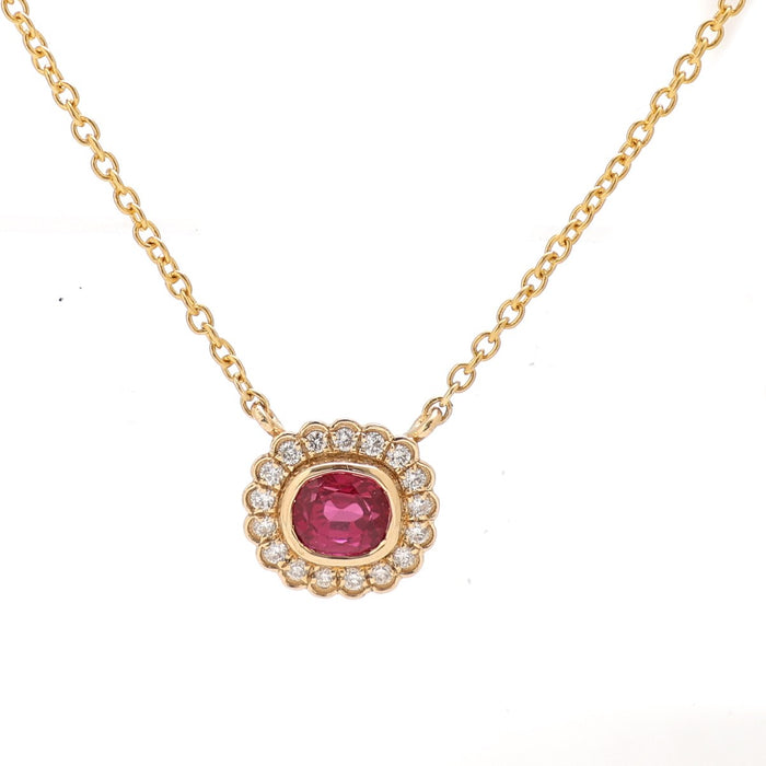Luxury Ruby Diamond 18K Yellow Gold Halo Necklace