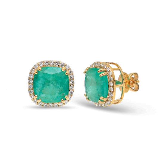 Emerald Radiant Halo 18K Natural Diamond Yellow Gold Stud Earrings