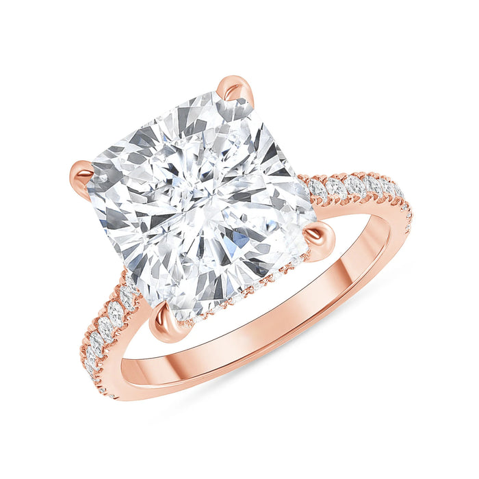 Radiant Cut Diamond Pave Band Solitaire Ring in 18K Gold