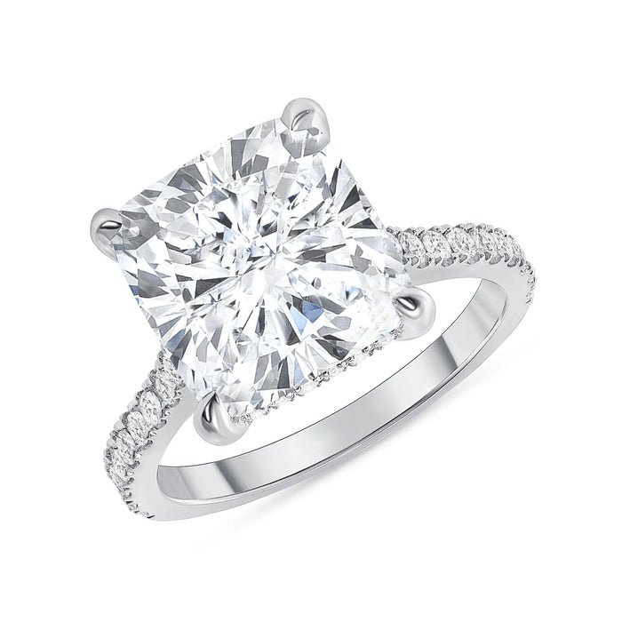 Radiant Cut Diamond Pave Band Solitaire Ring in 18K Gold