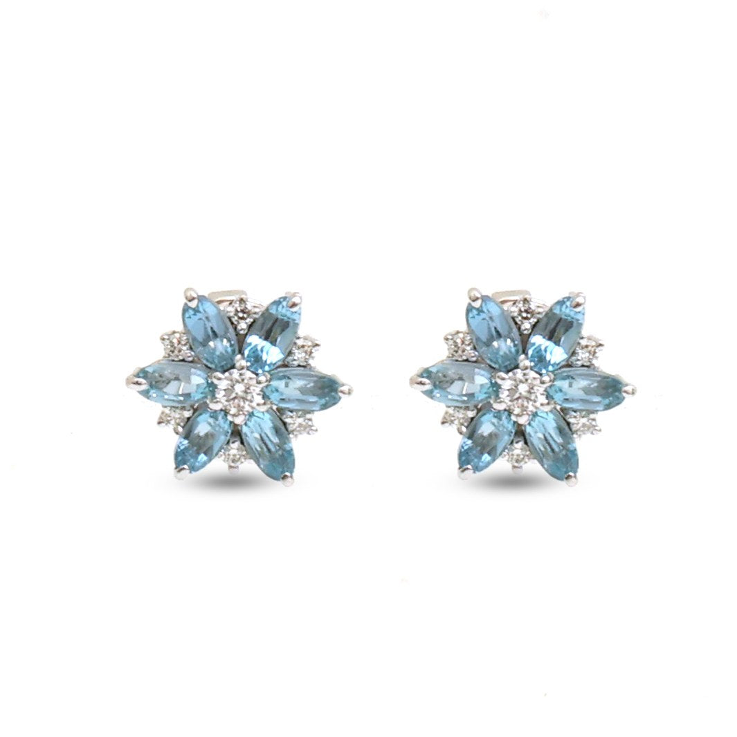 Aquamarine Floral Cluster 18K Natural Diamond White Gold Stud Earrings