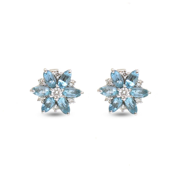 Aquamarine Floral Cluster 18K Natural Diamond White Gold Stud Earrings