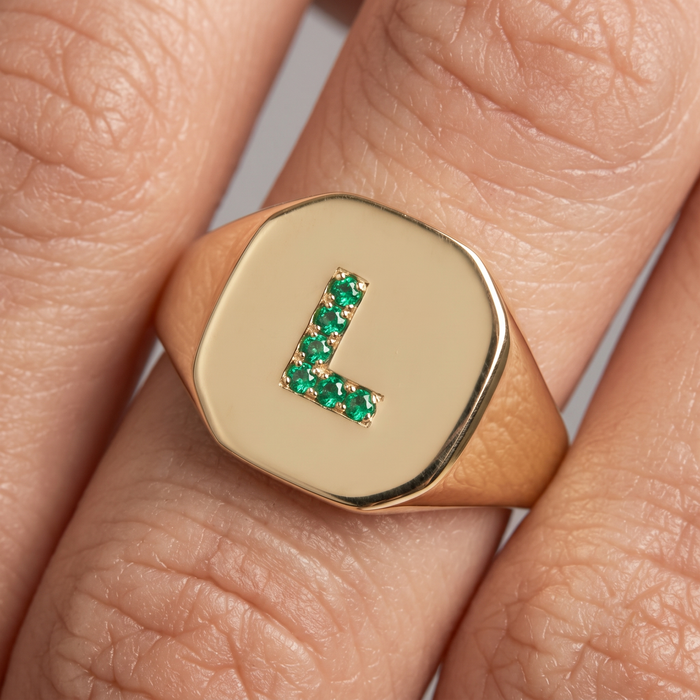 Personalized "l" Emerald 14K Gold Signet Ring