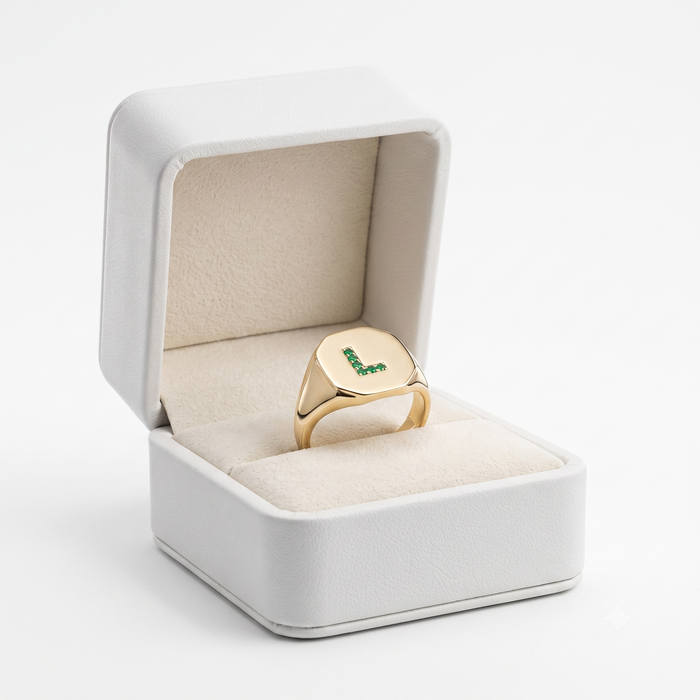 Personalized "l" Emerald 14K Gold Signet Ring