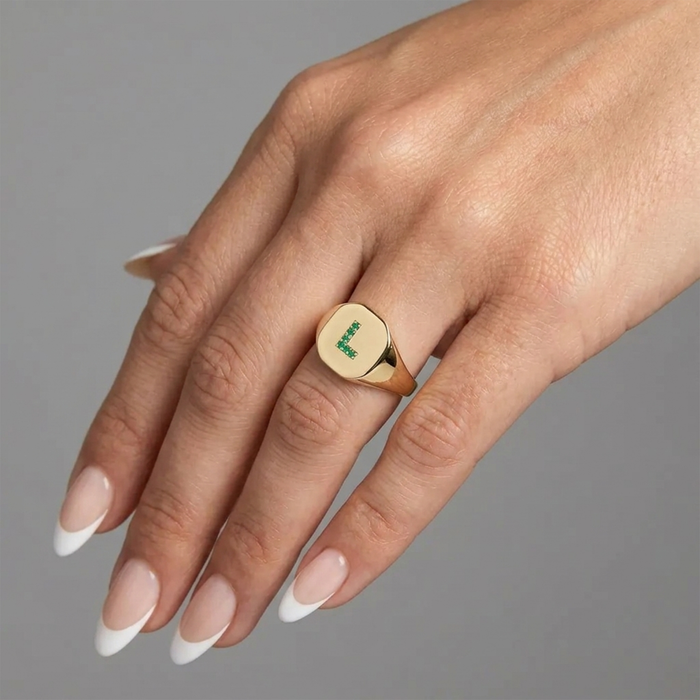 Personalized "l" Emerald 14K Gold Signet Ring