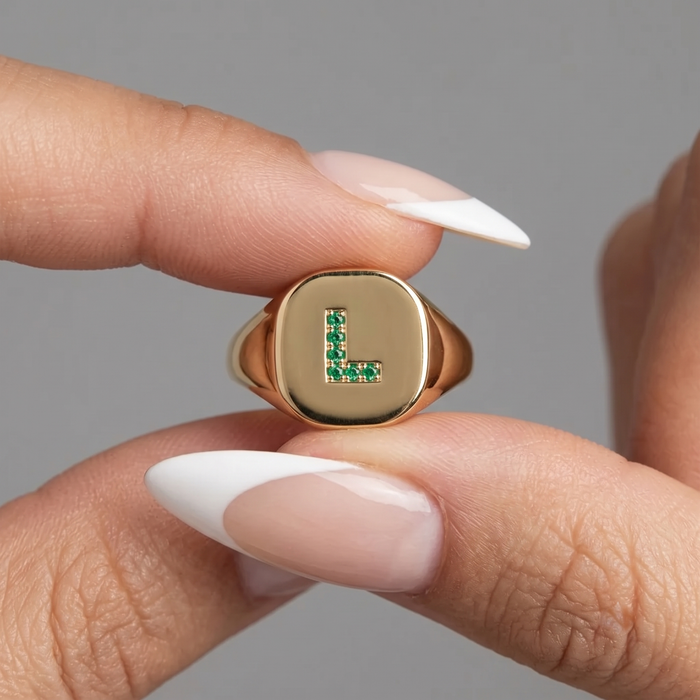 Personalized "l" Emerald 14K Gold Signet Ring