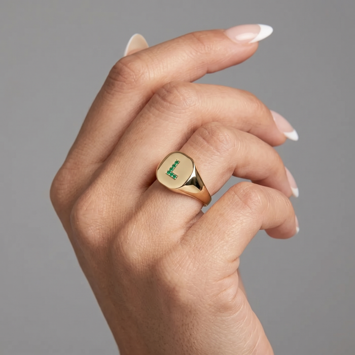 Personalized "l" Emerald 14K Gold Signet Ring