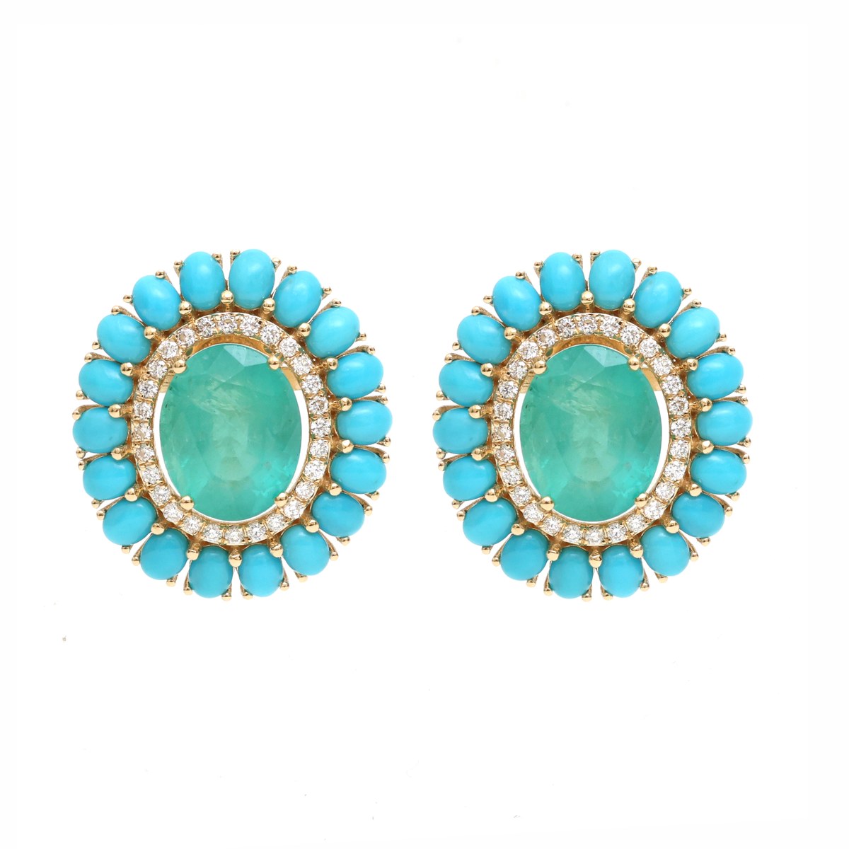 Emerald Turquoise 18K Natural Diamond Yellow Gold Halo Cluster Stud Earrings