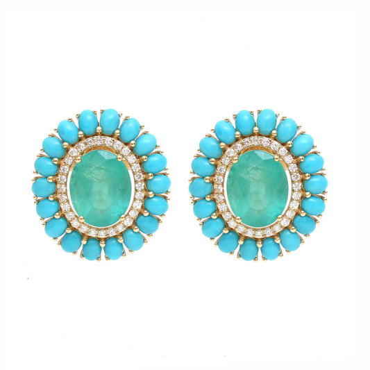 Emerald Turquoise 18K Natural Diamond Yellow Gold Halo Cluster Stud Earrings
