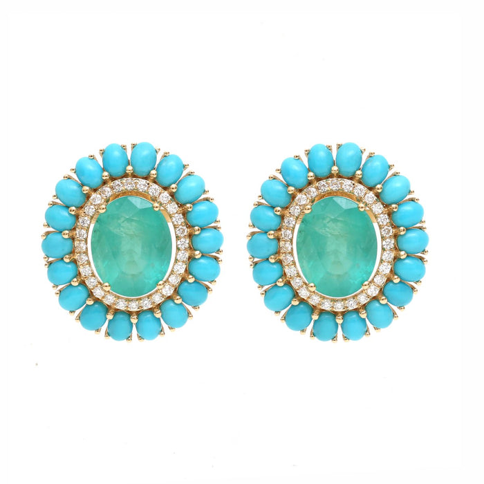 Emerald Turquoise 18K Natural Diamond Yellow Gold Halo Cluster Stud Earrings
