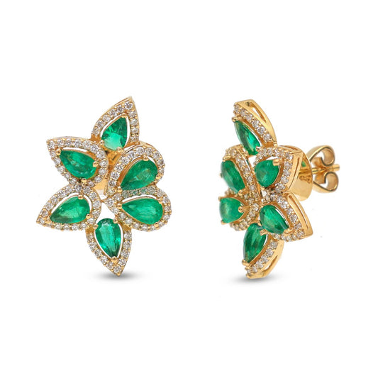 Emerald Petal Cluster 18K Natural Diamond Yellow Gold Stud Earrings
