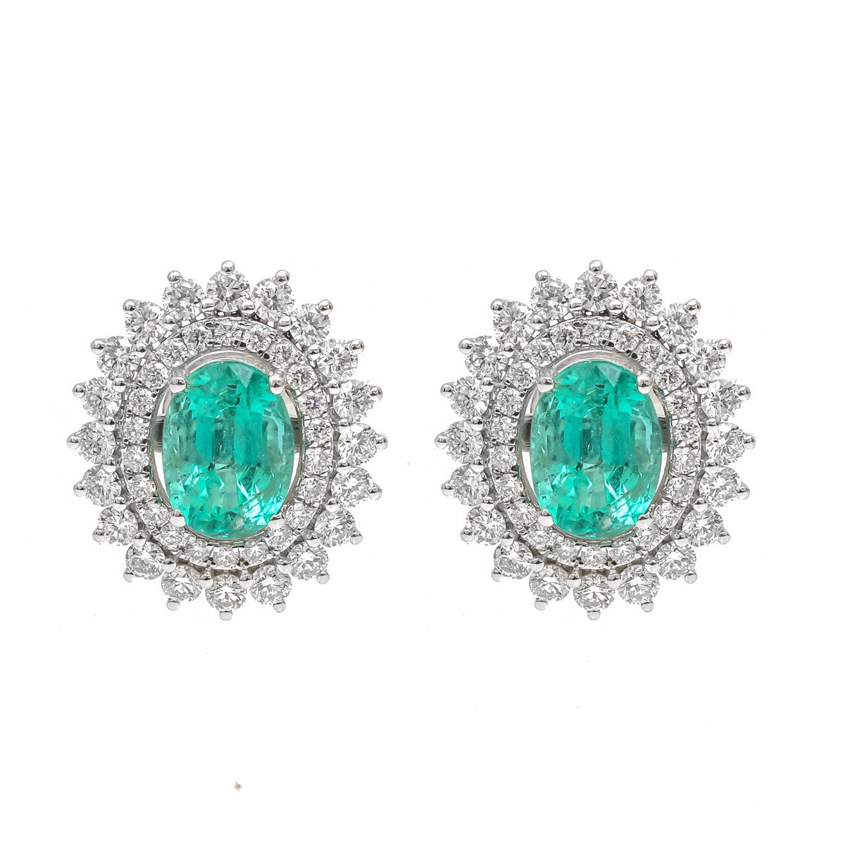 Emerald Double Halo 18K Natural Diamond White Gold Stud Earrings