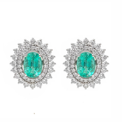 Emerald Double Halo 18K Natural Diamond White Gold Stud Earrings