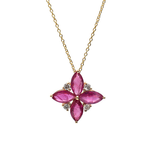 Elegant Marquise Shape Ruby Diamond 18K Yellow Gold Floral Necklace