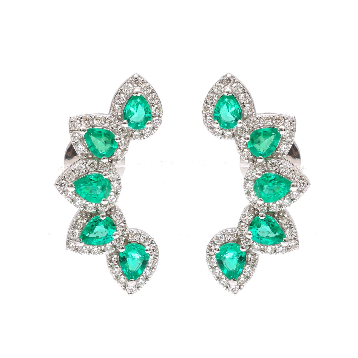 Emerald Pear Cluster 18K Natural Diamond White Gold Ear Climber Earrings