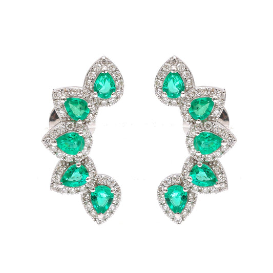 Emerald Pear Cluster 18K Natural Diamond White Gold Ear Climber Earrings