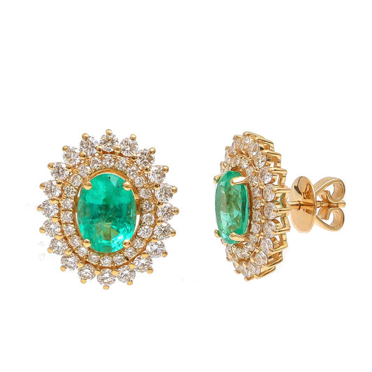 Emerald Celestial Halo 18K Natural Diamond Yellow Gold Stud Earrings