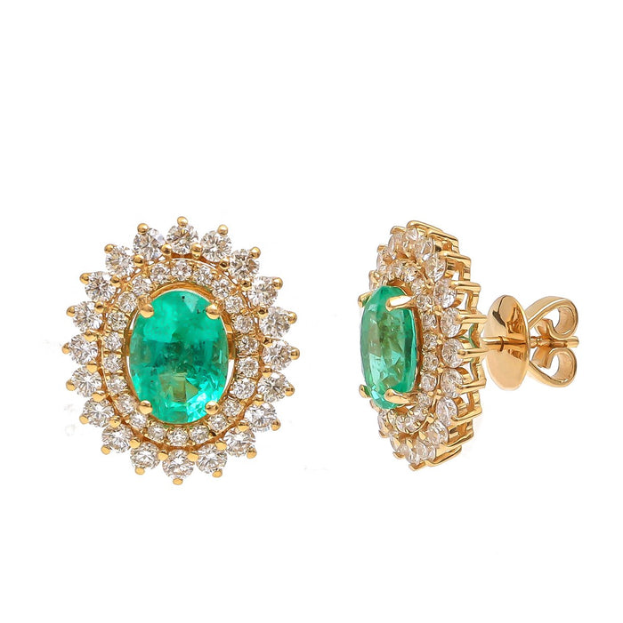Emerald Celestial Halo 18K Natural Diamond Yellow Gold Stud Earrings