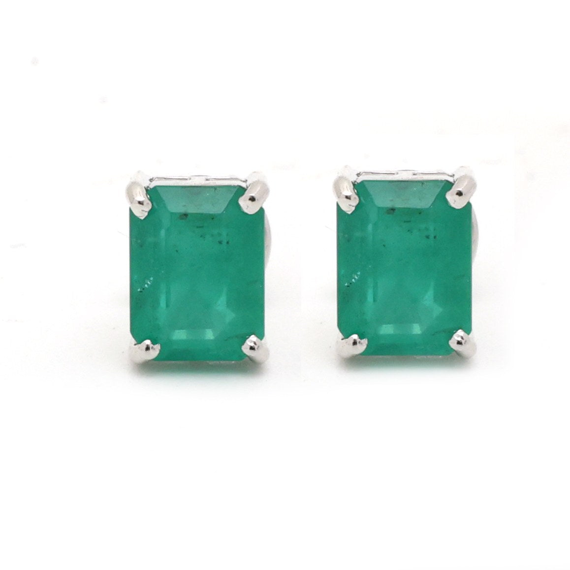 Emerald Solitaire 18K White Gold Stud Earrings