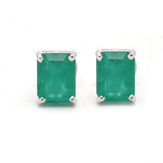 Emerald Solitaire 18K White Gold Stud Earrings