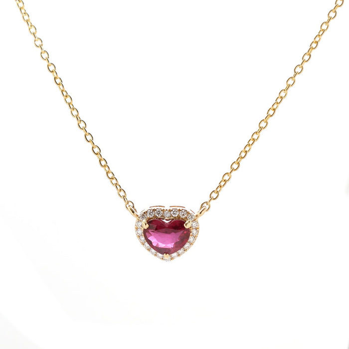 Elegant Heart Shape Ruby Diamond 18K Yellow Gold Halo Necklace