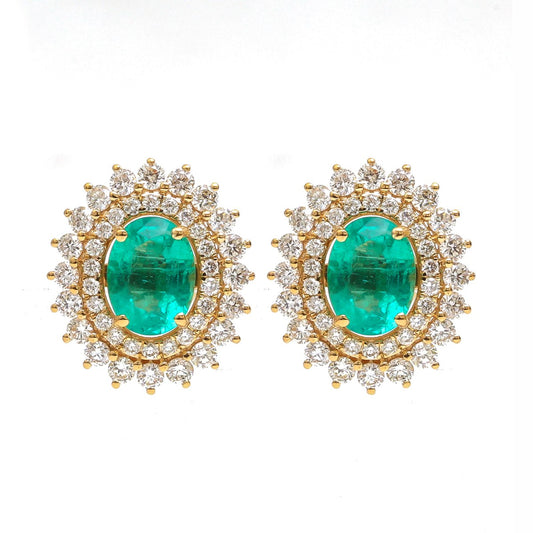 Emerald Sunburst Halo 18K Natural Diamond Yellow Gold Stud Earrings