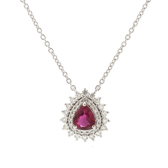 Royal Pear Cut Ruby  Natural Diamond 18K White Gold Halo Necklace