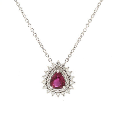 Royal Pear Cut Ruby  Natural Diamond 18K White Gold Halo Necklace