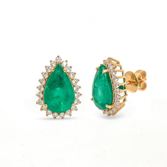 Emerald Charm Halo 18K Natural Diamond Yellow Gold Stud Earrings