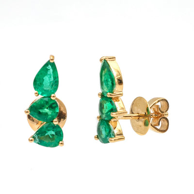 Emerald Three-Stone 18K Yellow Gold Stud Earrings