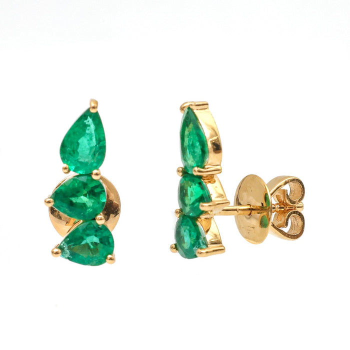 Emerald Three-Stone 18K Yellow Gold Stud Earrings