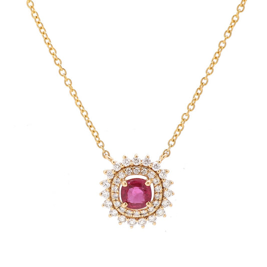 Radiant Oval Shape Ruby Diamond 18K Yellow Gold Halo Necklace