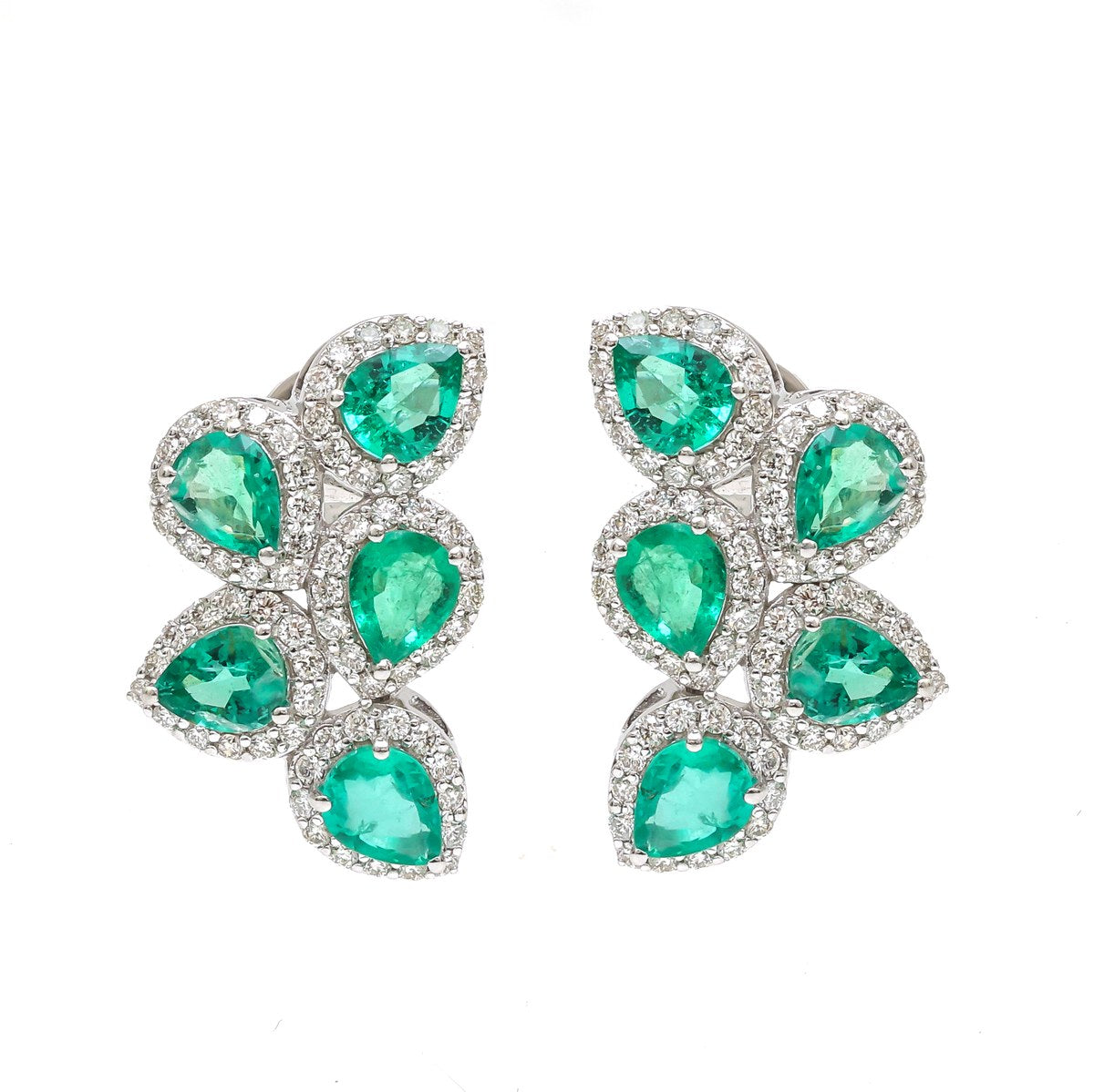 Emerald Cluster 18K Natural Diamond White Gold Stud Earrings