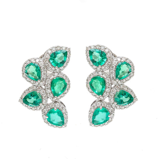 Emerald Cluster 18K Natural Diamond White Gold Stud Earrings