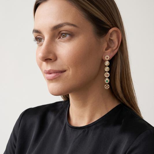 Multi Gemstone Dangle Coin Drop Earrings in 14K Yellow Gold