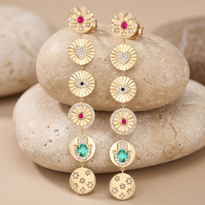 Multi Gemstone Dangle Coin Drop Earrings in 14K Yellow Gold