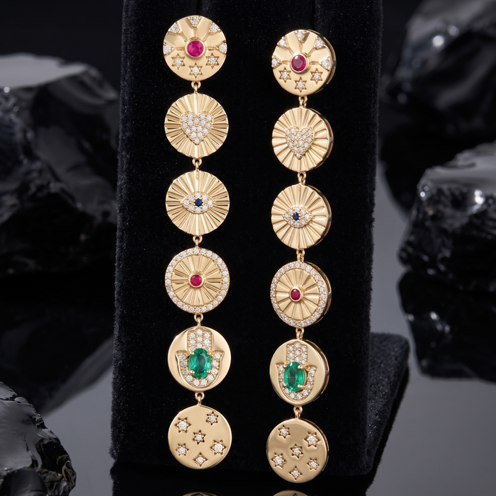 Multi Gemstone Dangle Coin Drop Earrings in 14K Yellow Gold