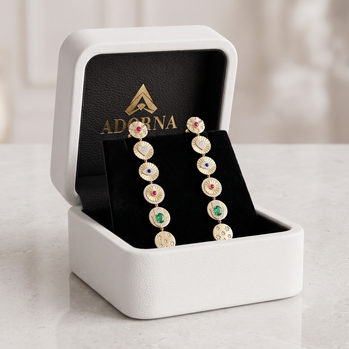 Multi Gemstone Dangle Coin Drop Earrings in 14K Yellow Gold