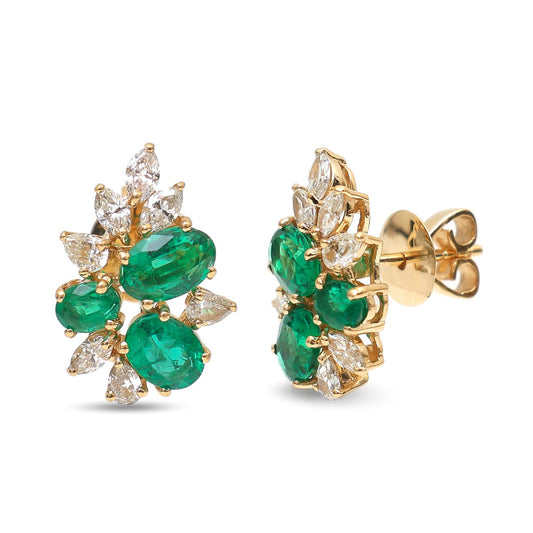 Emerald Cluster 18K Natural Diamond Yellow Gold Stud Earrings
