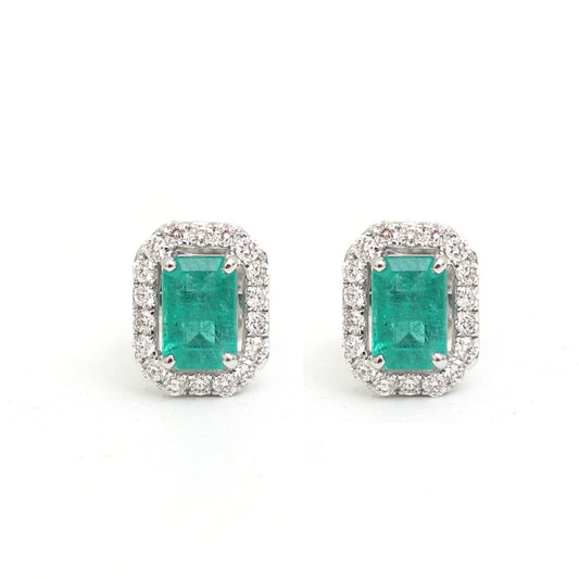 Emerald Royale Halo 18K Natural Diamond White Gold Stud Earrings