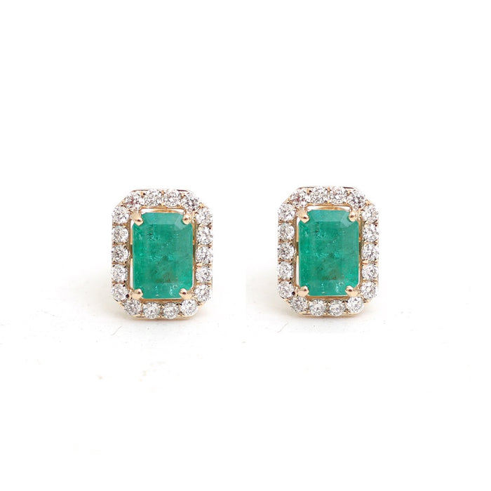 Emerald Cut Emerald Halo 14K(18K Custom) Natural Diamond Yellow Gold Stud Earrings