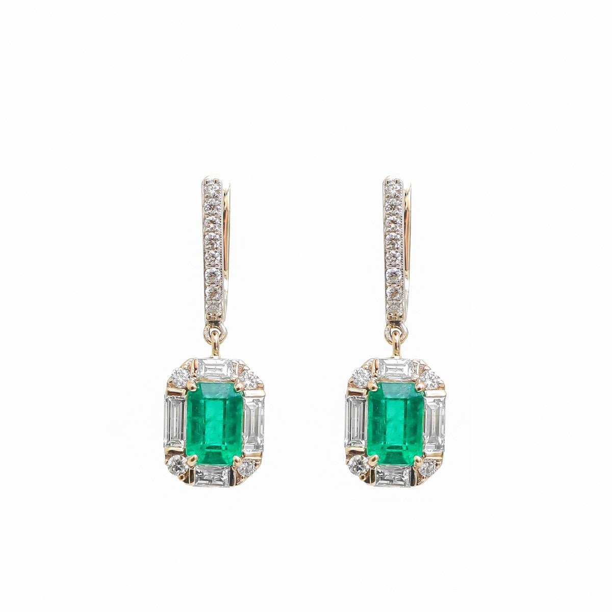 Emerald Celeste Halo 18K Natural Diamond Yellow Gold Drop Earrings