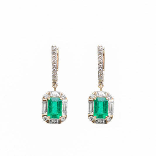 Emerald Celeste Halo 18K Natural Diamond Yellow Gold Drop Earrings