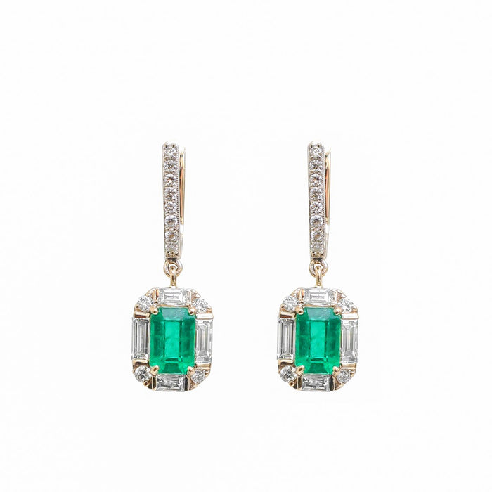 Emerald Celeste Halo 18K Natural Diamond Yellow Gold Drop Earrings