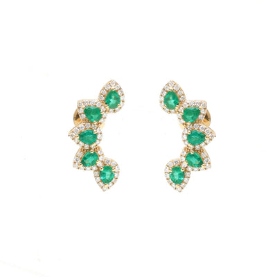 Emerald Accent 18K Natural Diamond Yellow Gold Ear Climber Earrings