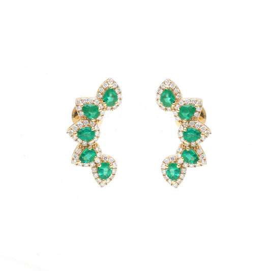 Emerald Accent 18K Natural Diamond Yellow Gold Ear Climber Earrings