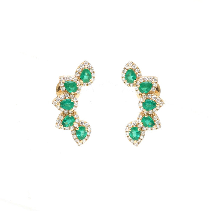 Emerald Accent 18K Natural Diamond Yellow Gold Ear Climber Earrings