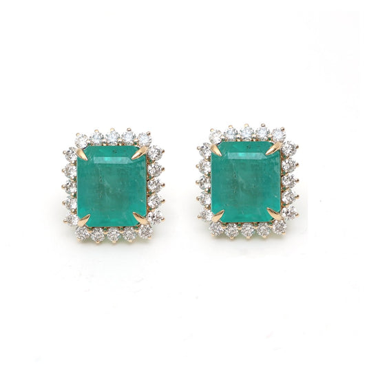 Square Emerald Halo 14K (18K custom) Natural Diamond Yellow Gold Stud Earrings