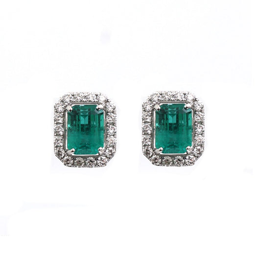 Emerald Aura Halo 18K Natural Diamond White Gold Stud Earrings