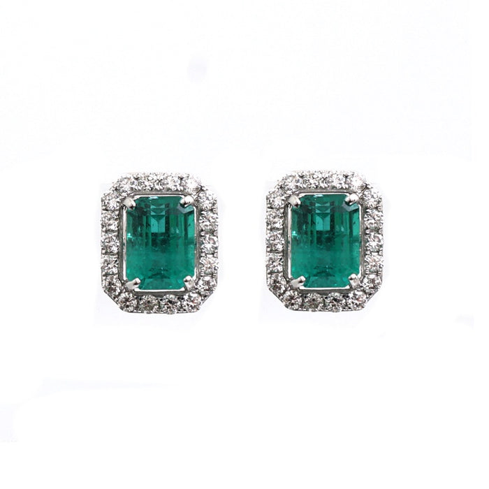 Emerald Aura Halo 18K Natural Diamond White Gold Stud Earrings